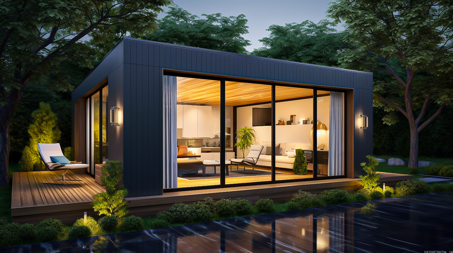 Modern rectangular backyard studio with dark exterior cladding and full-width glass walls, warmly lit interior with lounge seating and kitchenette, set on a timber deck with outdoor chair, garden lighting, and trees at dusk with reflections on wet paving.