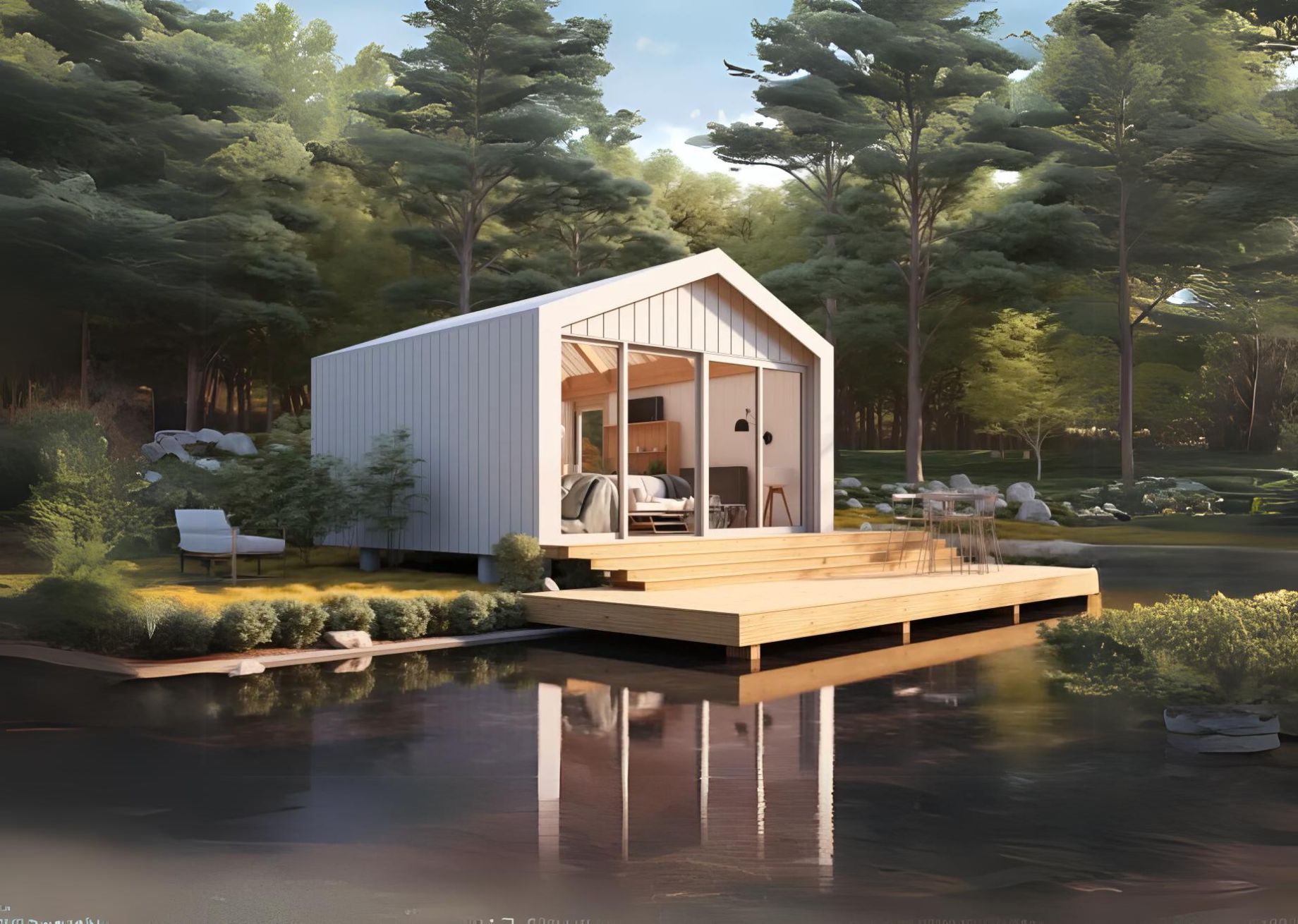 Modern compact cabin with white vertical cladding and a pitched roof, featuring a full glass front wall and timber deck extending over a calm pond, surrounded by landscaped greenery and tall forest trees in soft daylight.
