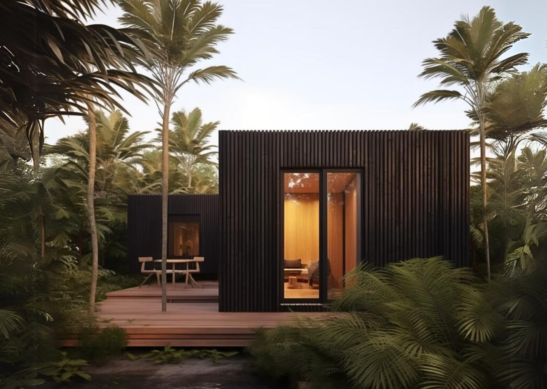 Modern black modular cabin with vertical cladding and large glass doors, glowing with warm interior light, set on a timber deck with outdoor seating and surrounded by palm trees and dense tropical greenery.