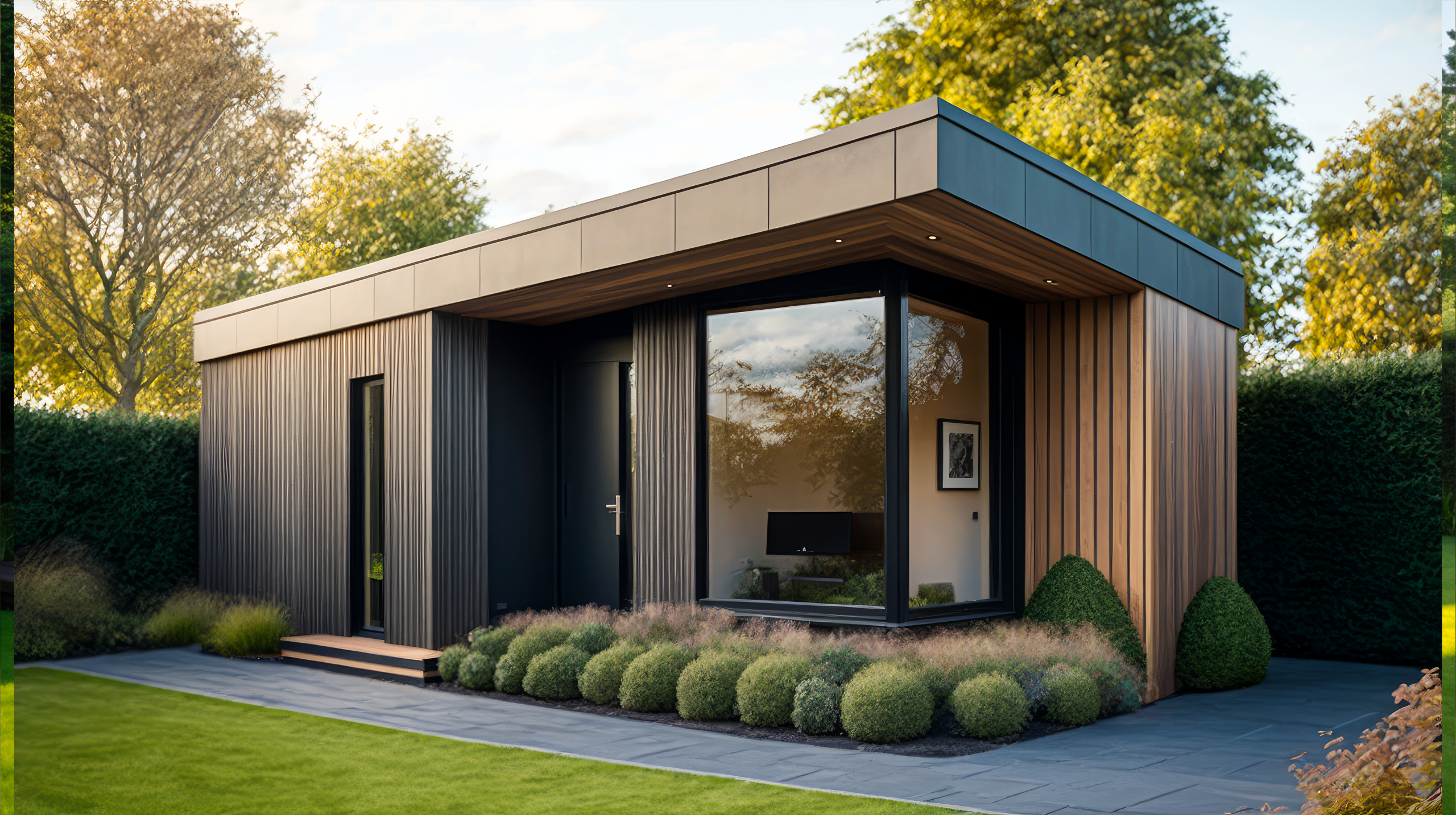 Modern backyard garden studio with a flat roof and mixed vertical cladding in dark metal and warm timber, featuring a large corner window and a single entry door under a recessed overhang with downlights.