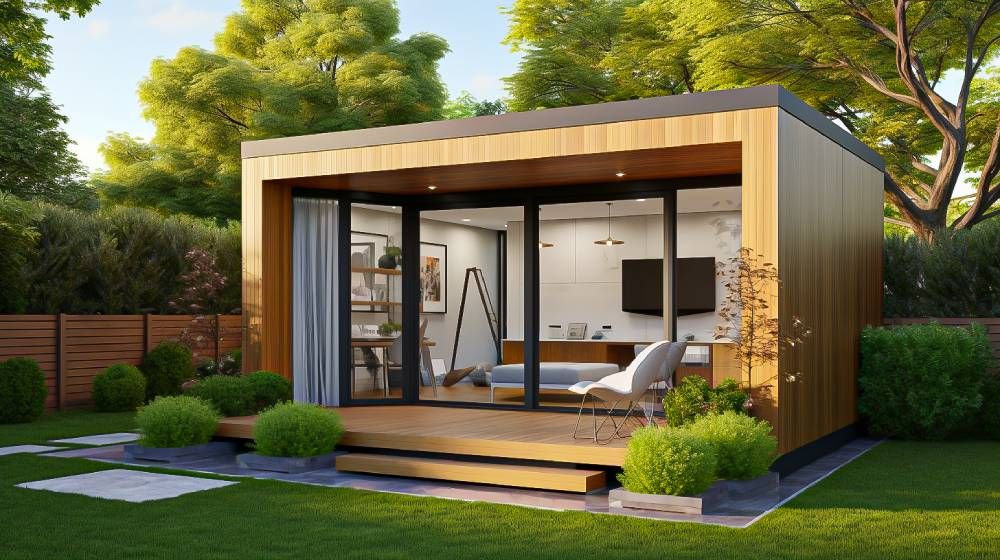 Modern rectangular tiny house with warm wooden exterior cladding and large sliding glass doors, opening to a cozy, well-lit interior featuring a desk, shelving, wall-mounted TV, and contemporary chairs. The home is set in a lush green garden with trimmed shrubs, trees, and a wooden deck patio in daylight