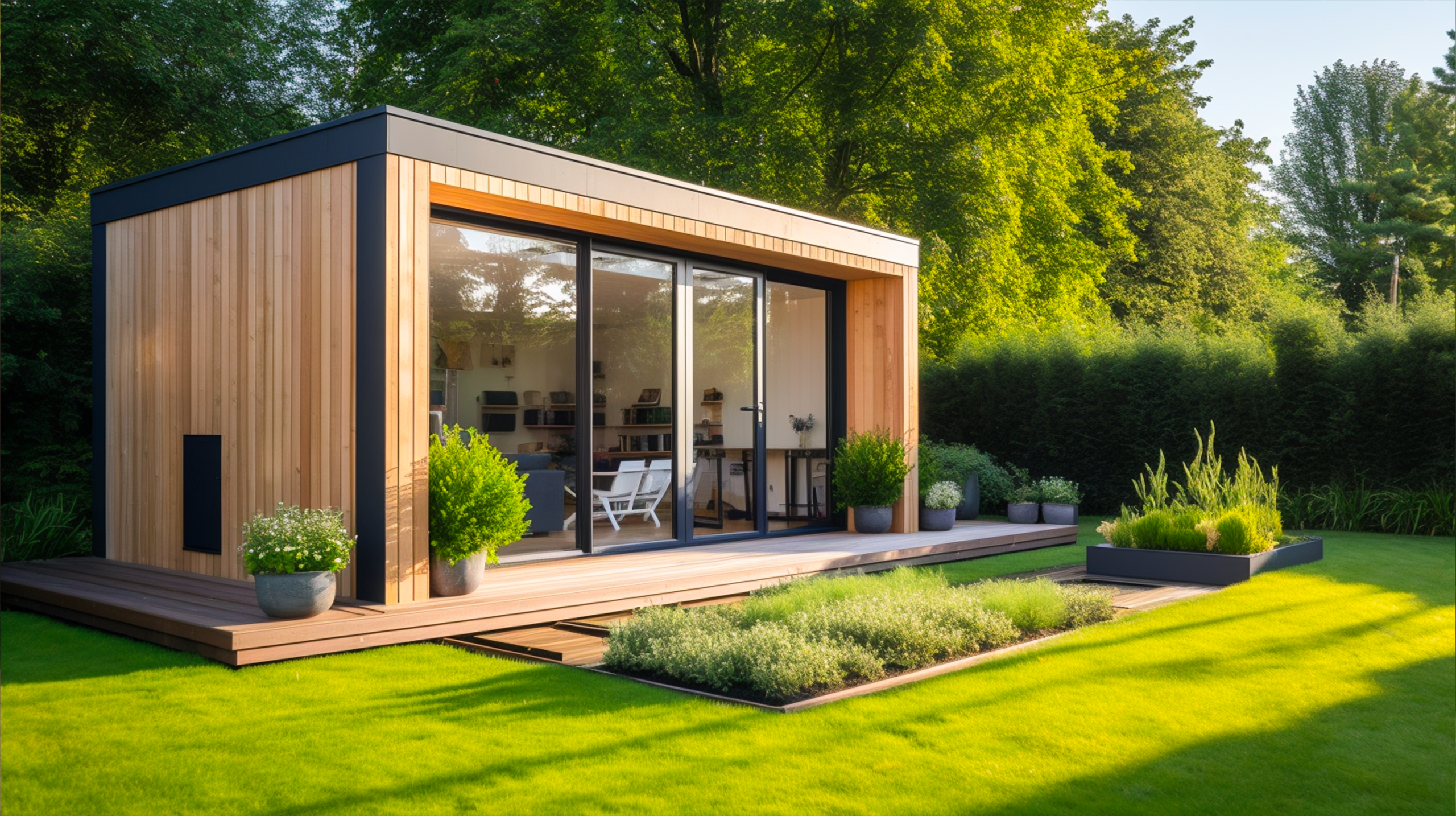 Modern rectangular garden studio with a flat roof, vertical timber cladding, and dark trim, set on a low timber deck in a landscaped backyard. Large sliding glass doors span most of the front wall, revealing a bright interior with shelving, seating, and a small workspace.